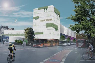 Photo montage of the Aachen Central Bus Station after the introduction of green.fACade