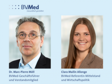 BVMed-Geschäftsführer und Vorstandsmitglied Dr. Marc-Pierre Möll und BVMed-Nachhaltigkeitsexpertin Clara Allonge