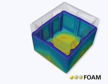 Expansionssimulation des Polyurethan-Schaums mit der Software FOAM zur Herstellung einer Kühlbox.