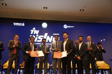 from left to right: Felix Neugart (CEO, NRW.Global Business), V. Arun Roy, I.A.S. (Principal Secretary, Department of Industry, Government of Tamil Nadu), Hon. M.K. Stalin (Chief Minister of Tamil Nadu), Hon. Dr TRB Rajaa (Minister of Industry, Investment Promotion and Trade, Government of Tamil Nadu), Dr Akram Idrissi (ITA – RWTH Aachen), Varqha Bagwan (ITA – RWTH Aachen) and Reinhold von Ungern-Sternberg (BVMW) (from left to right)