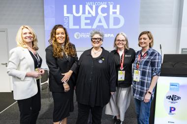 Danna Drion (second from left) hosting the FESPA Lunch & Lead session at FESPA 2025, alongside the Board members of Girls Who Print Europe