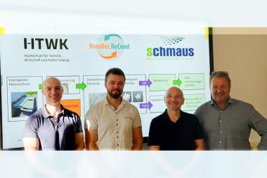 Blade2Poly Kick-Off Meeting on September 17, 2026, at the Composite Circularity Lab in Leipzig (from left to right): Andrej Fehler (HTWK), Dr. Philipp Johst (HTWK), Olaf Thannheiser (KomRec-ReCond), Christian Schmaus (Schmaus Kunststoffaufbereitung), Prof. Robert Böhm (HTWK – participating online, not pictured) © HTWK Leipzig