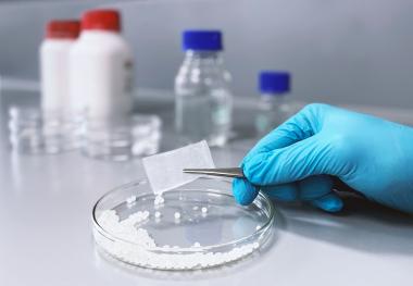 Am Fraunhofer IKTS werden aus Polymilchsäure (PLA), einem im Körper abbaubaren Polymer, innovative Auflagen elektrogesponnen: Dank spezieller eingebrachter Wirkstoffe verbessern sie die Wundheilung nachhaltig und verhindern wirksam eine Infektion der Wunde. 